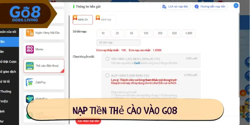 Nạp tiền thẻ cào vào Go8