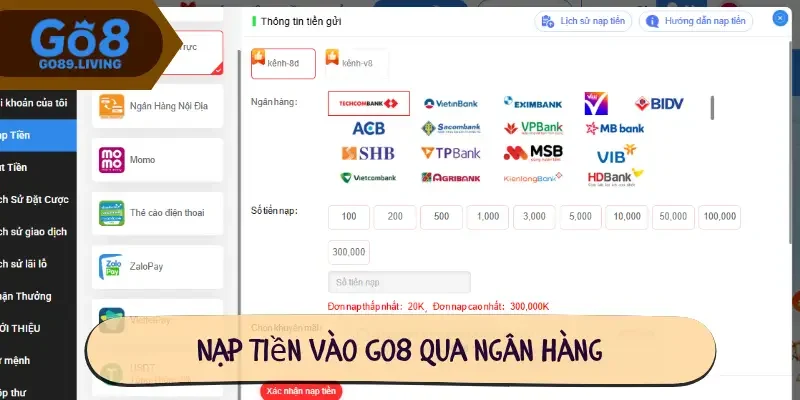 Nạp tiền vào Go8 qua ngân hàng